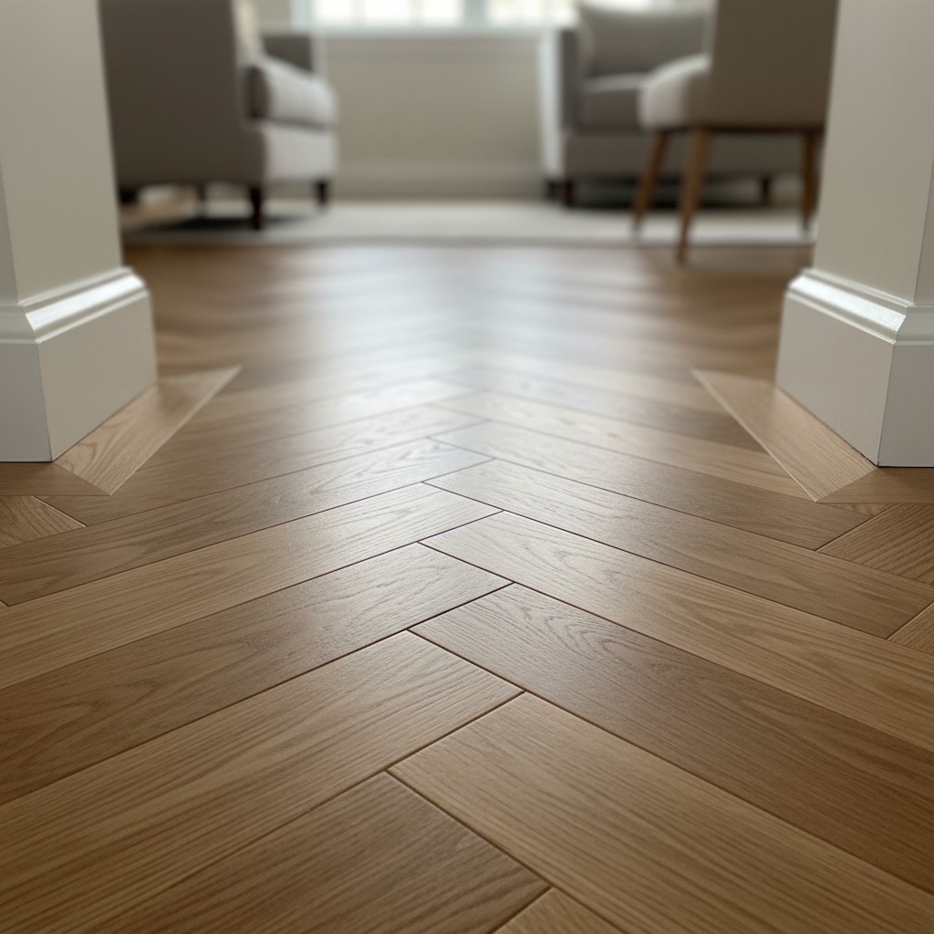 alt text: Close-up shot of a tan herringbone wooden floor.